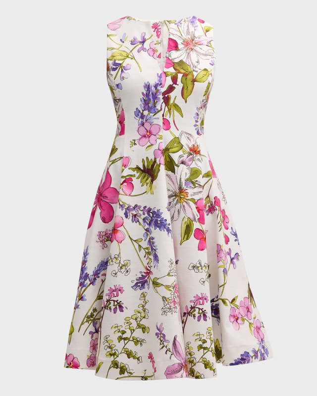 Sleeveless Split-Neck Floral-Print Midi Dress